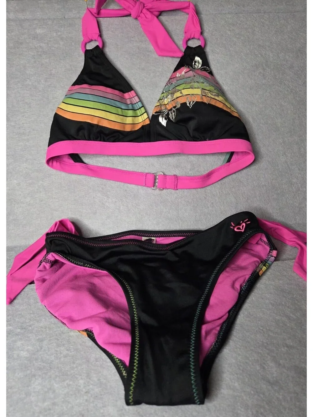 Justice Girls Halter Bikini Swimsuit 2 Piece Black Rainbow Stripe Pink Size NWOT